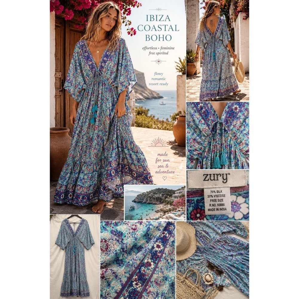Zury Silk Blend Resort Caftan Maxi Dress Ibiza Boho Free Size